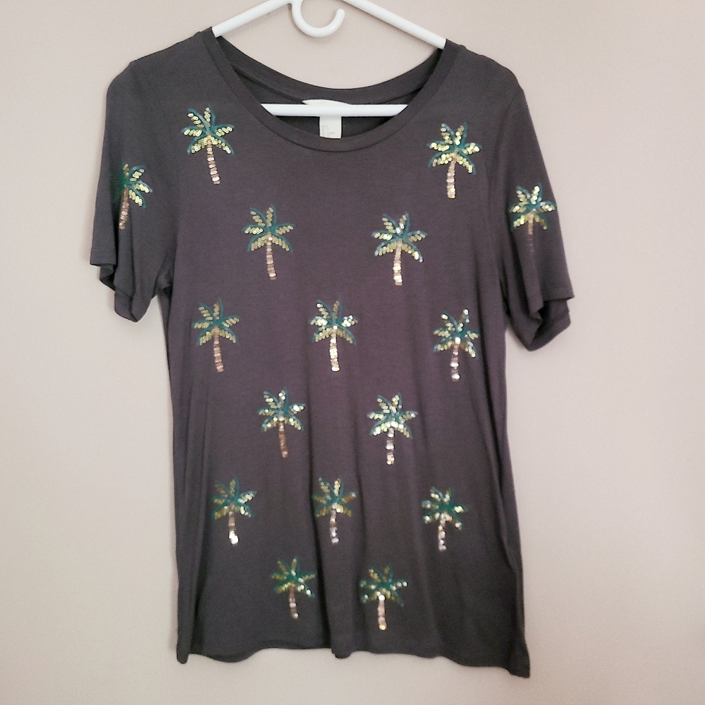 Dark Grey Tshirt with Sequin Palm Trees